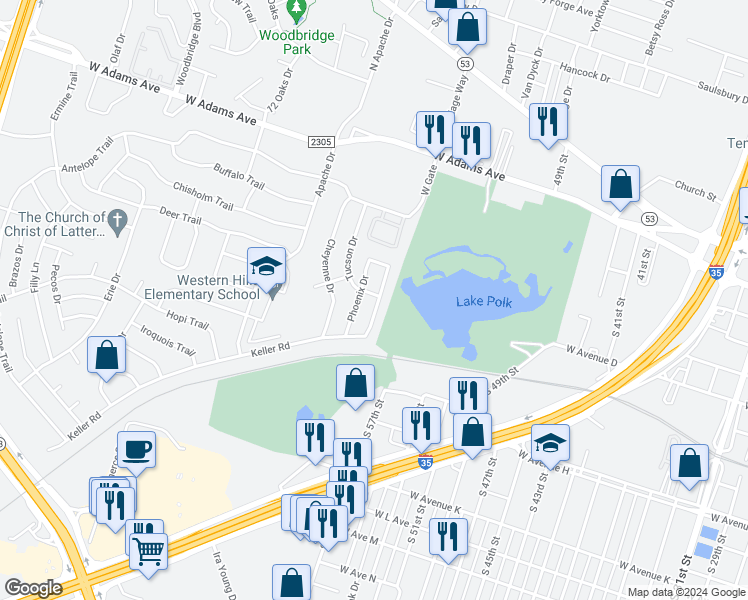 map of restaurants, bars, coffee shops, grocery stores, and more near 502 Keller Road in Temple