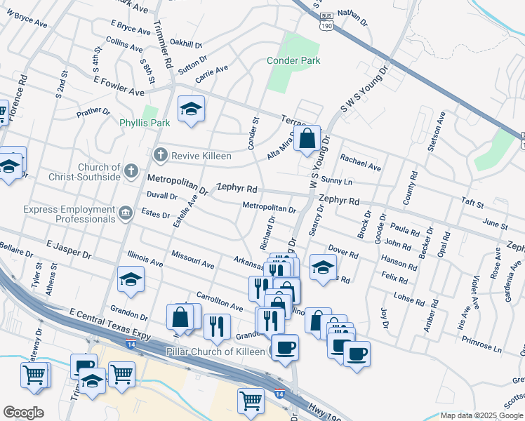 map of restaurants, bars, coffee shops, grocery stores, and more near 1502 Conder Street in Killeen