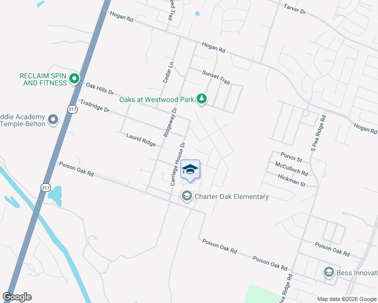map of restaurants, bars, coffee shops, grocery stores, and more near 8409 Split Trail Cove in Temple