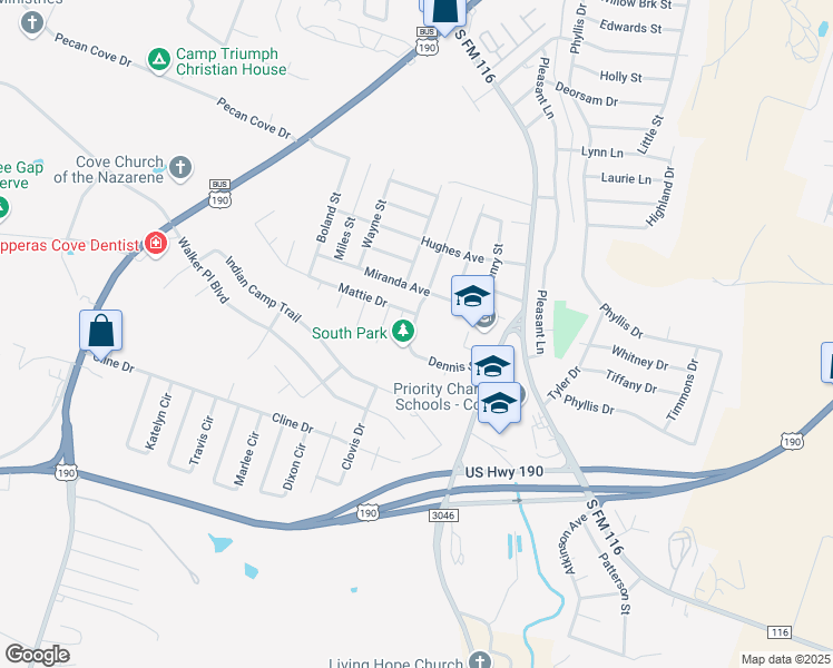 map of restaurants, bars, coffee shops, grocery stores, and more near 2305 Dennis Street in Copperas Cove