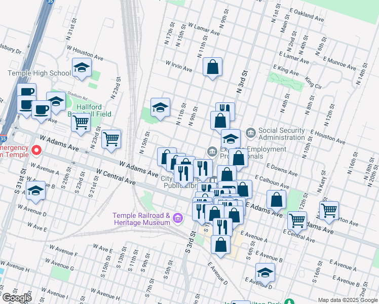 map of restaurants, bars, coffee shops, grocery stores, and more near 304 N 7th St in Temple