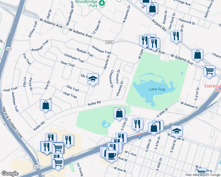 map of restaurants, bars, coffee shops, grocery stores, and more near 510 Cheyenne Drive in Temple