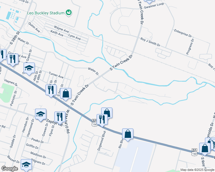 map of restaurants, bars, coffee shops, grocery stores, and more near 401 Highridge Cove in Killeen