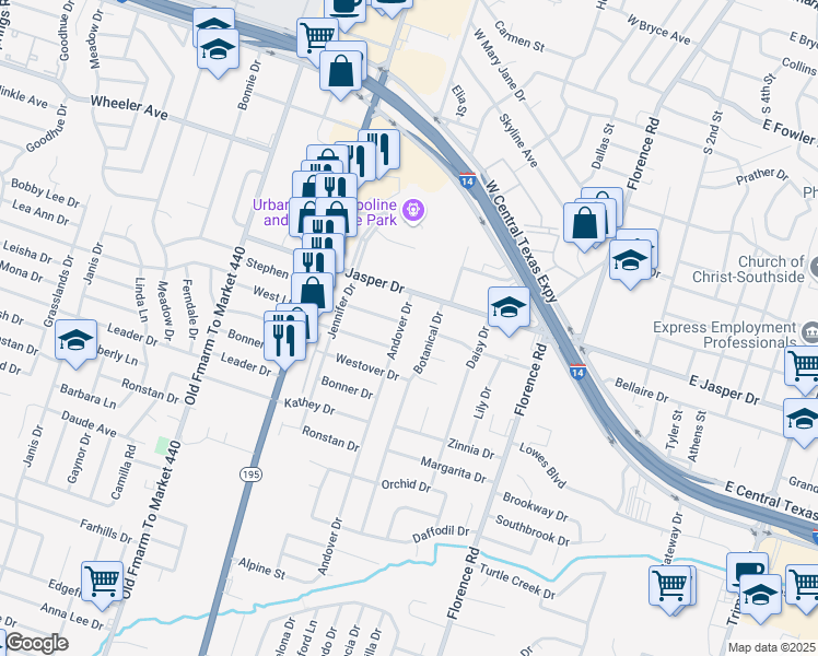 map of restaurants, bars, coffee shops, grocery stores, and more near 906 West Jasper Drive in Killeen