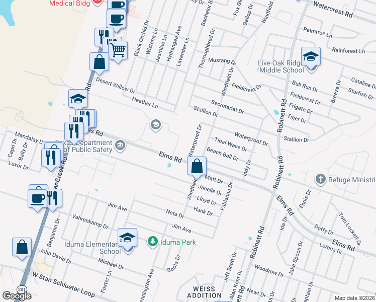 map of restaurants, bars, coffee shops, grocery stores, and more near 4707 Waterproof Drive in Killeen