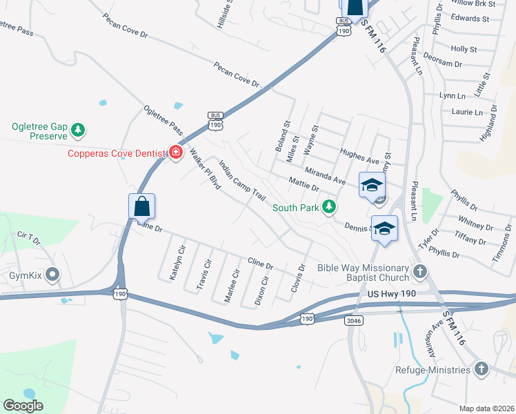map of restaurants, bars, coffee shops, grocery stores, and more near 1808 Walker Place Boulevard in Copperas Cove