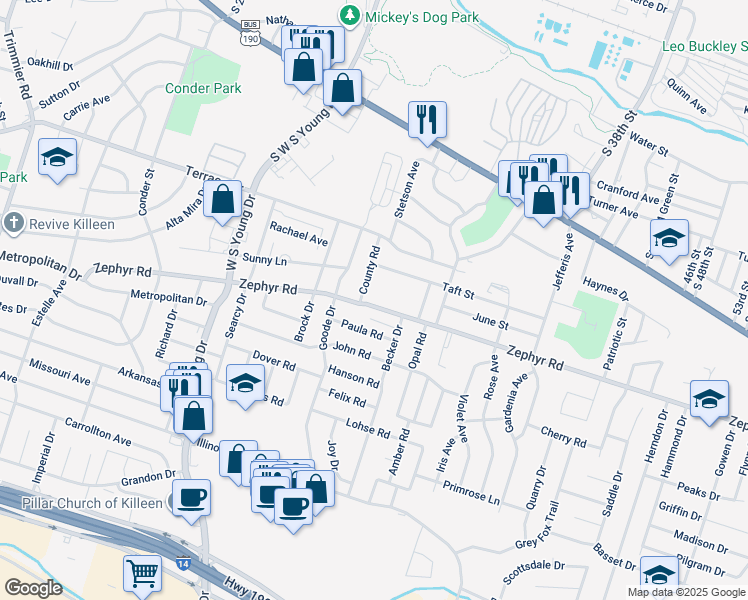 map of restaurants, bars, coffee shops, grocery stores, and more near 2605 Zephyr Road in Killeen