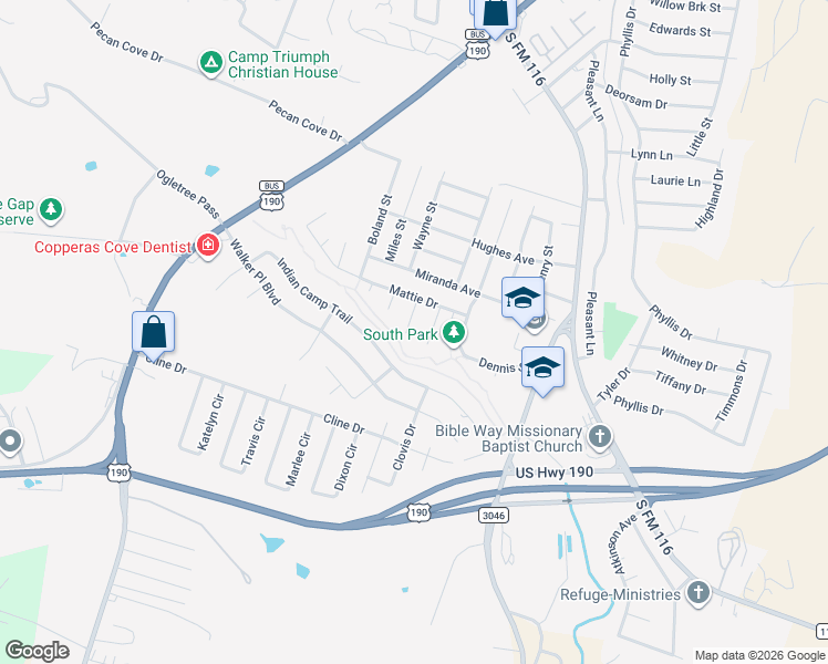 map of restaurants, bars, coffee shops, grocery stores, and more near 2311 Guy Circle in Copperas Cove