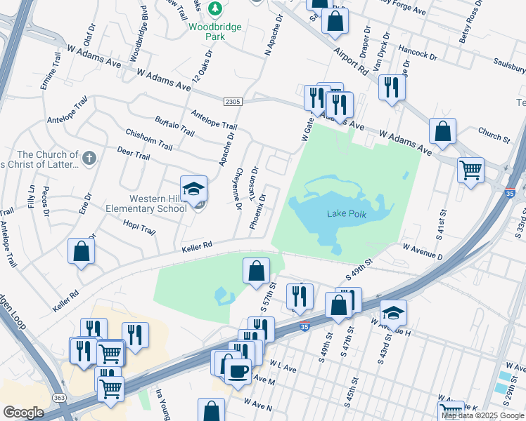 map of restaurants, bars, coffee shops, grocery stores, and more near 501 Phoenix Drive in Temple