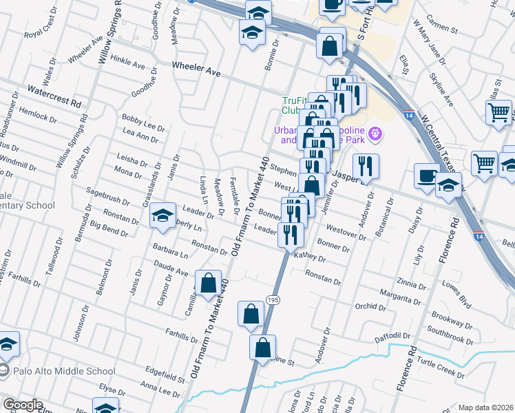 map of restaurants, bars, coffee shops, grocery stores, and more near 1311 Bonner Drive in Killeen