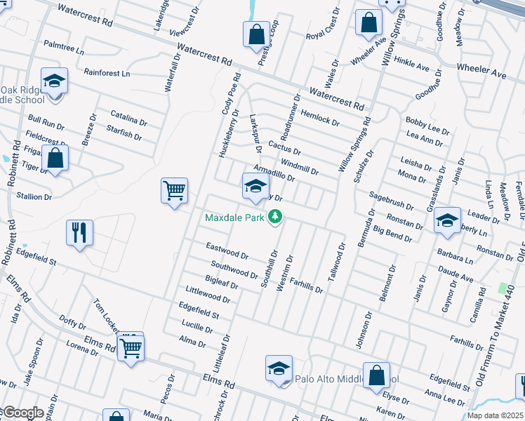 map of restaurants, bars, coffee shops, grocery stores, and more near 2602 Westwood Drive in Killeen
