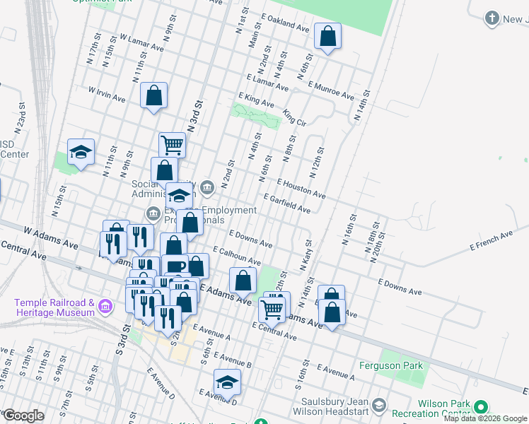 map of restaurants, bars, coffee shops, grocery stores, and more near 603 South 8th Street in Temple