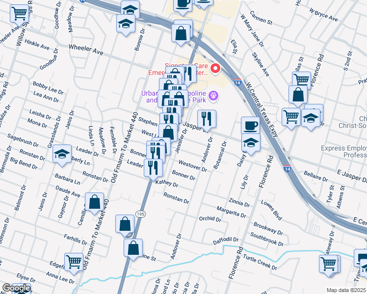 map of restaurants, bars, coffee shops, grocery stores, and more near 1019 West Lane in Killeen