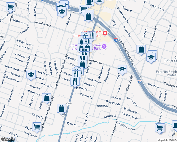 map of restaurants, bars, coffee shops, grocery stores, and more near 1019 West Lane in Killeen
