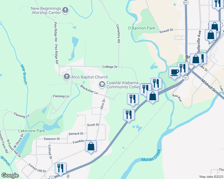 map of restaurants, bars, coffee shops, grocery stores, and more near 215 Alco Drive in Brewton