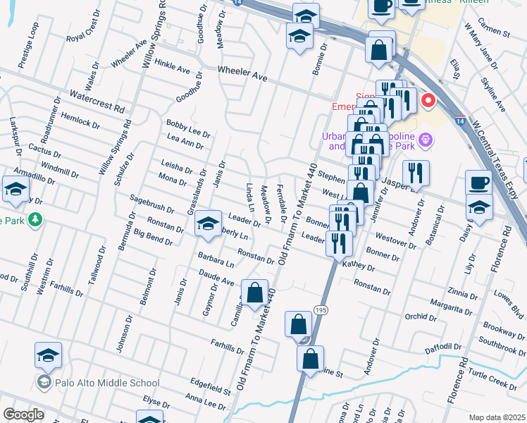 map of restaurants, bars, coffee shops, grocery stores, and more near 1519 Meadow Drive in Killeen