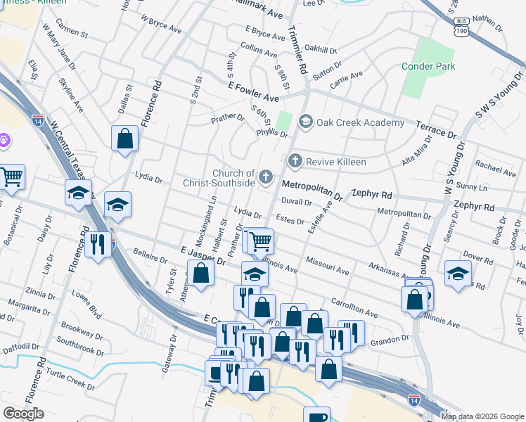 map of restaurants, bars, coffee shops, grocery stores, and more near 904 Lydia Drive in Killeen