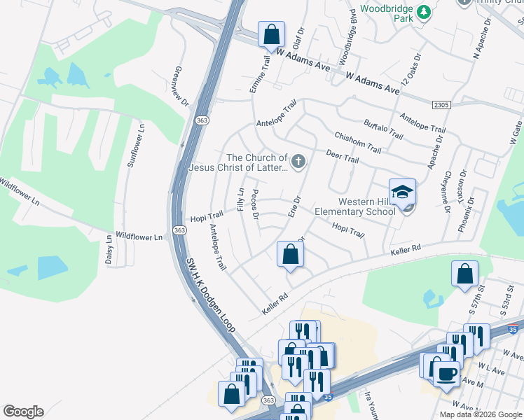 map of restaurants, bars, coffee shops, grocery stores, and more near 4005 Tyler Trail in Temple