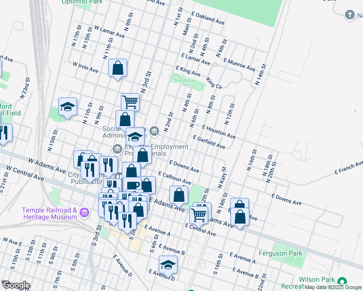 map of restaurants, bars, coffee shops, grocery stores, and more near 516 South 6th Street in Temple