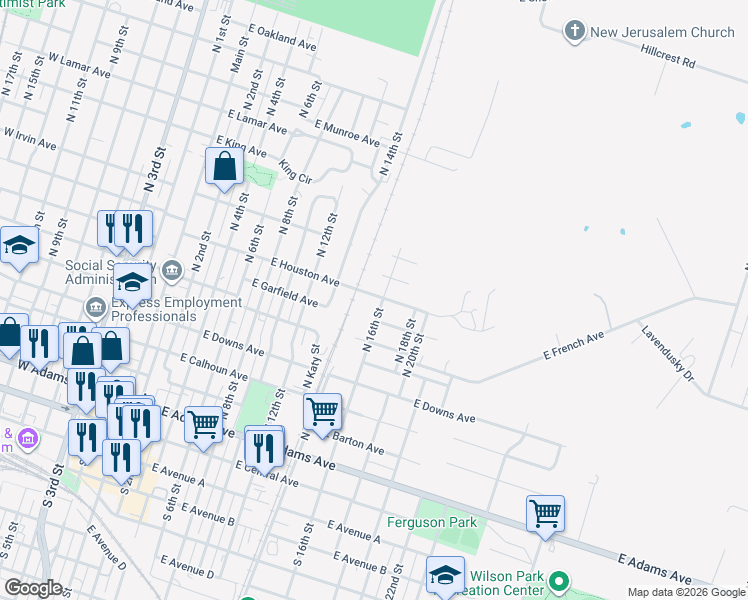 map of restaurants, bars, coffee shops, grocery stores, and more near 606 North 16th Street in Temple