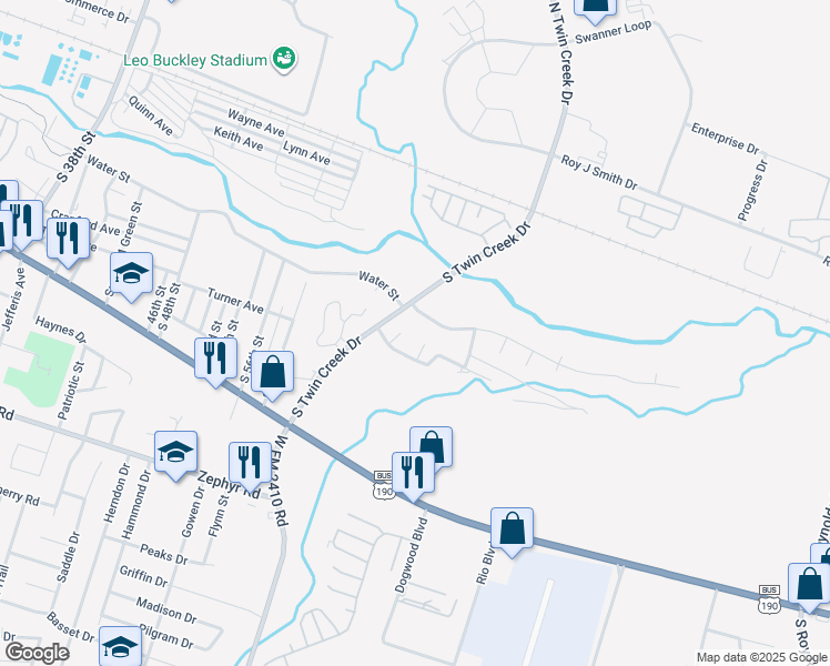 map of restaurants, bars, coffee shops, grocery stores, and more near 401 Highridge Cove in Killeen