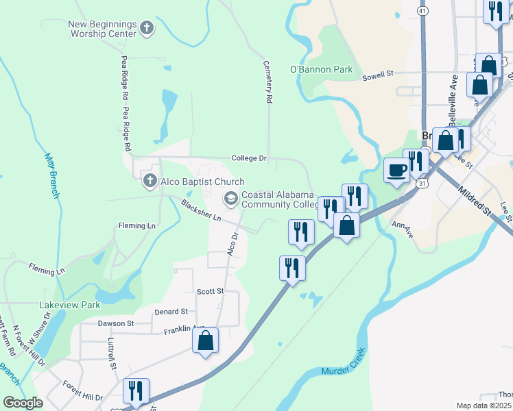 map of restaurants, bars, coffee shops, grocery stores, and more near 215 Alco Drive in Brewton