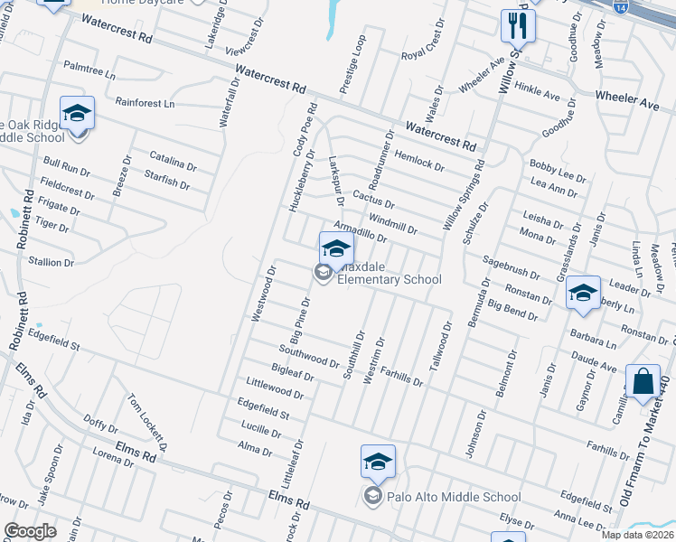 map of restaurants, bars, coffee shops, grocery stores, and more near 2605 Westwood Drive in Killeen