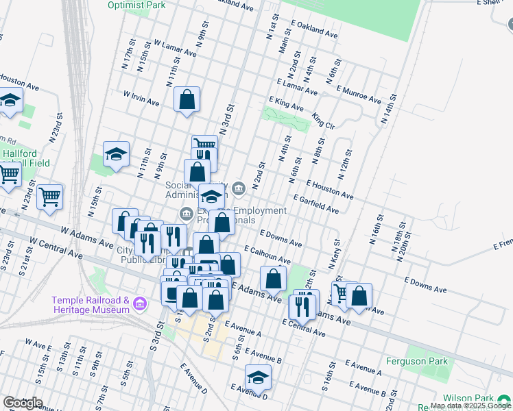 map of restaurants, bars, coffee shops, grocery stores, and more near 415 North 2nd Street in Temple