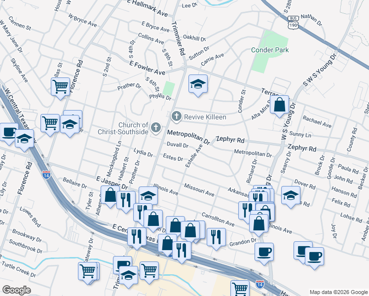 map of restaurants, bars, coffee shops, grocery stores, and more near 1201 Estes Drive in Killeen