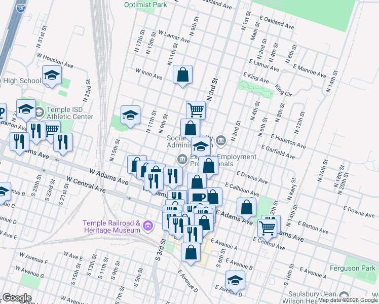 map of restaurants, bars, coffee shops, grocery stores, and more near 401 North 3rd Street in Temple