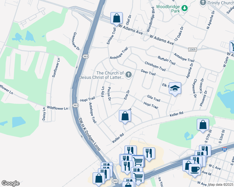 map of restaurants, bars, coffee shops, grocery stores, and more near 4005 Tyler Trail in Temple