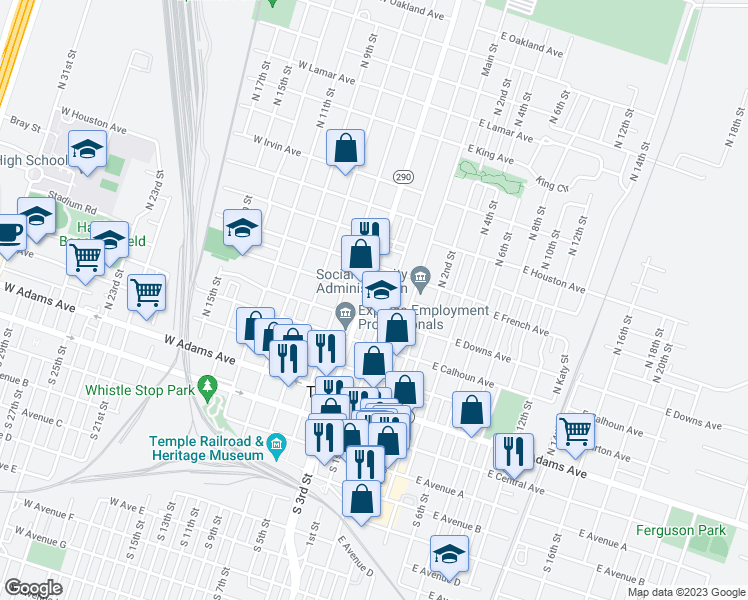 map of restaurants, bars, coffee shops, grocery stores, and more near 401 N 3rd St in Temple