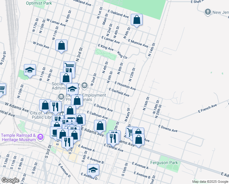 map of restaurants, bars, coffee shops, grocery stores, and more near 603 South 8th Street in Temple