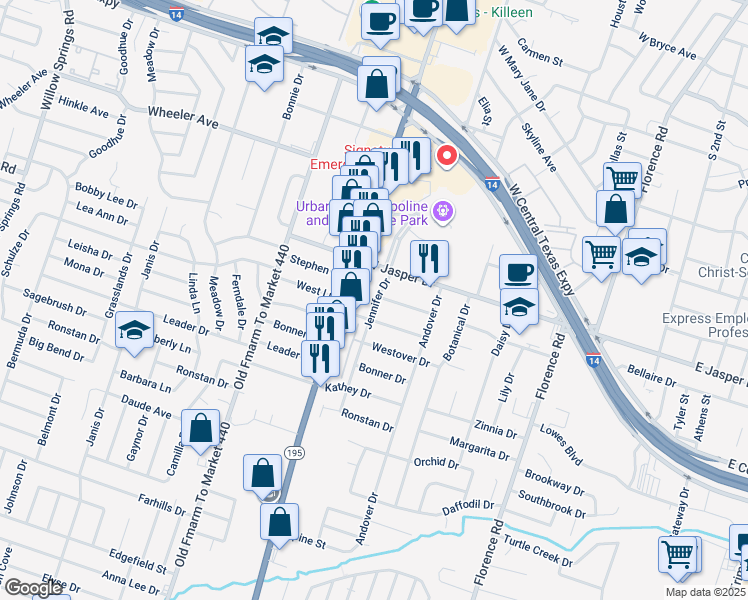 map of restaurants, bars, coffee shops, grocery stores, and more near 1019 West Lane in Killeen