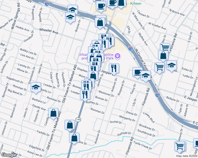 map of restaurants, bars, coffee shops, grocery stores, and more near 1019 West Lane in Killeen