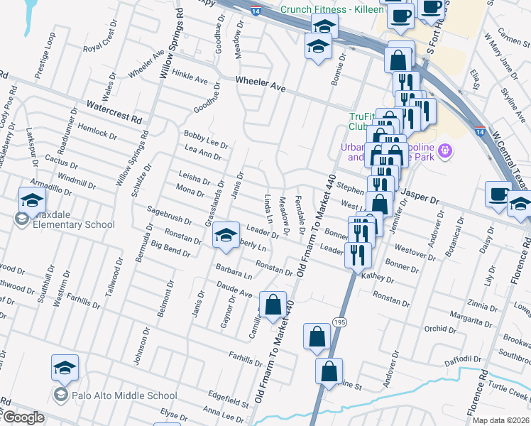 map of restaurants, bars, coffee shops, grocery stores, and more near 1506 Linda Lane in Killeen