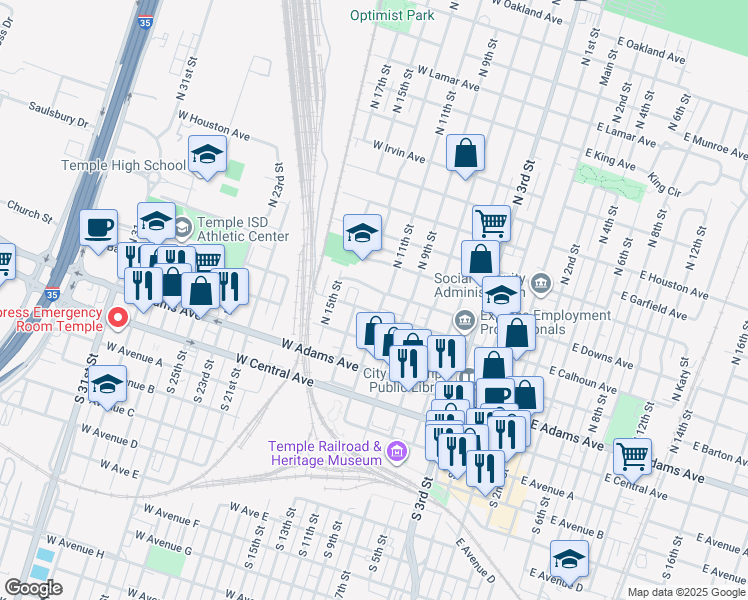 map of restaurants, bars, coffee shops, grocery stores, and more near 300 North 11th Street in Temple