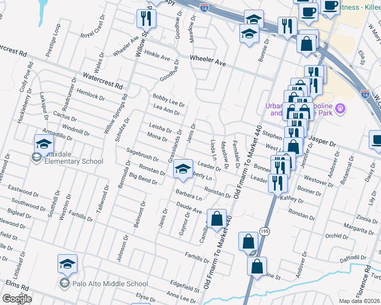 map of restaurants, bars, coffee shops, grocery stores, and more near 1511 Janis Drive in Killeen