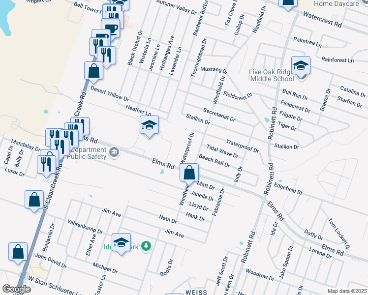 map of restaurants, bars, coffee shops, grocery stores, and more near 4603 Waterproof in Killeen