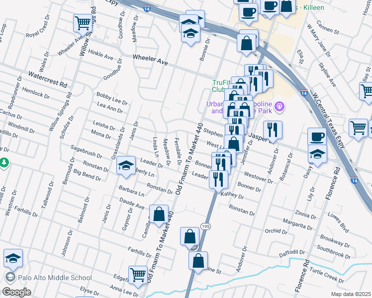 map of restaurants, bars, coffee shops, grocery stores, and more near 1504 Ferndale Drive in Killeen
