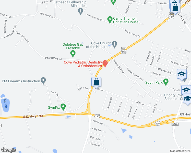 map of restaurants, bars, coffee shops, grocery stores, and more near 1134 West Highway 190 in Copperas Cove