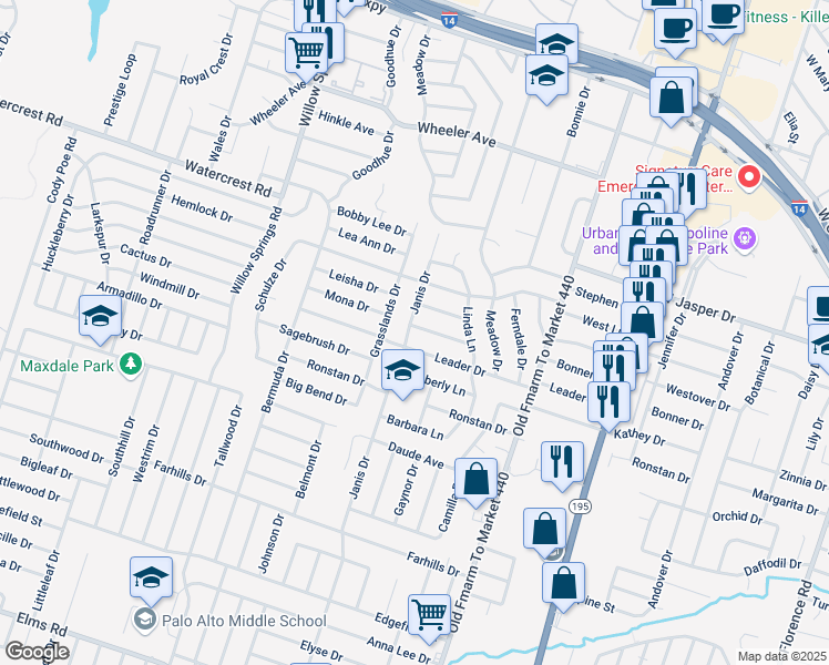 map of restaurants, bars, coffee shops, grocery stores, and more near 1511 Janis Drive in Killeen