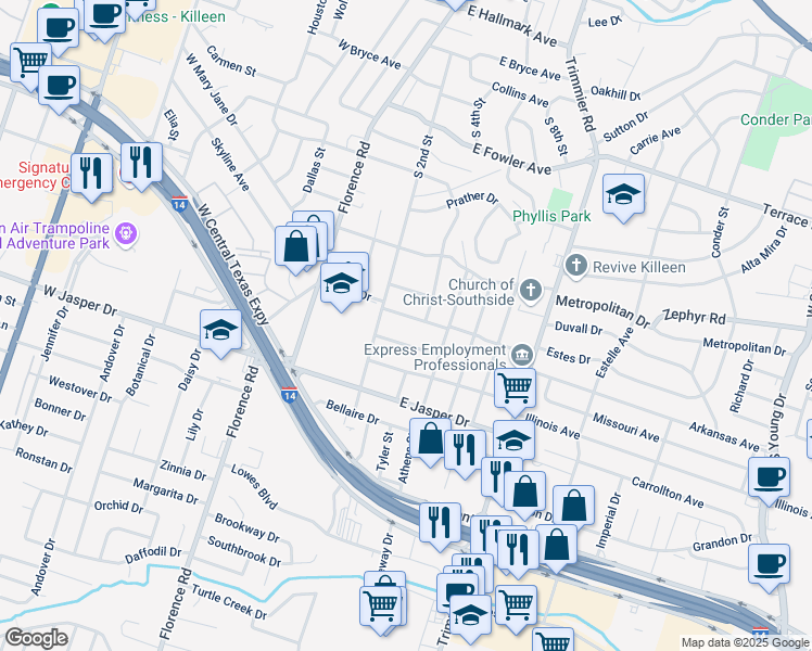 map of restaurants, bars, coffee shops, grocery stores, and more near 603 Lydia Drive in Killeen
