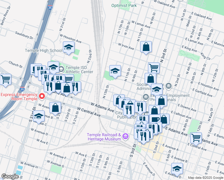 map of restaurants, bars, coffee shops, grocery stores, and more near 700 West Calhoun Avenue in Temple