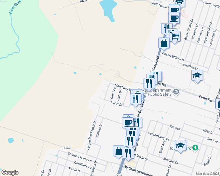 map of restaurants, bars, coffee shops, grocery stores, and more near 5711 Mandalay Drive in Killeen