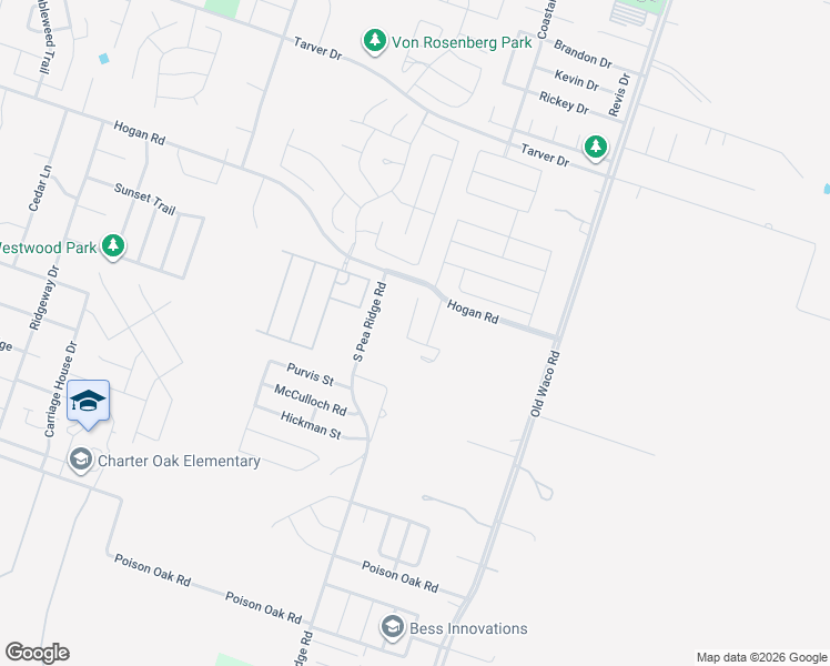map of restaurants, bars, coffee shops, grocery stores, and more near 1505 North Pea Ridge Road in Temple