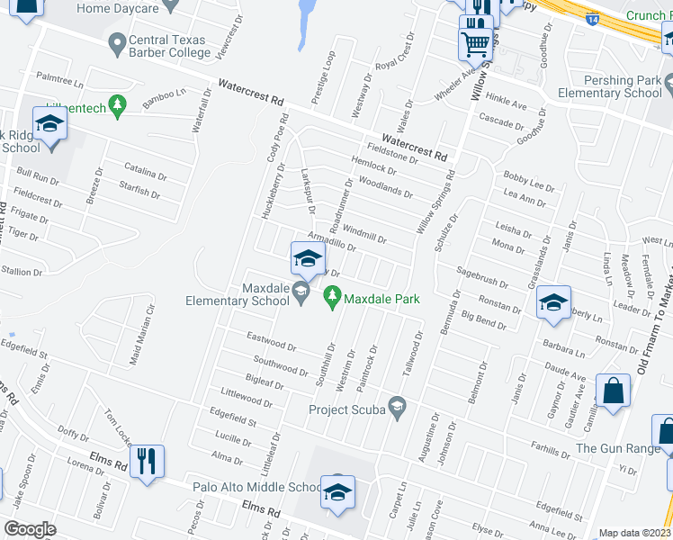 map of restaurants, bars, coffee shops, grocery stores, and more near 2711 Wildflower Drive in Killeen