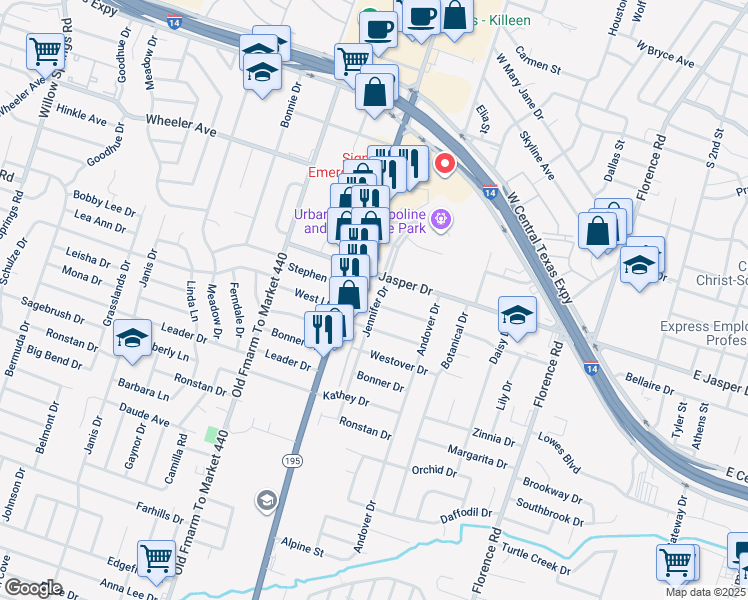 map of restaurants, bars, coffee shops, grocery stores, and more near 1100 West Jasper Drive in Killeen