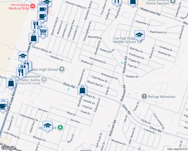 map of restaurants, bars, coffee shops, grocery stores, and more near 4402 Waterproof Drive in Killeen