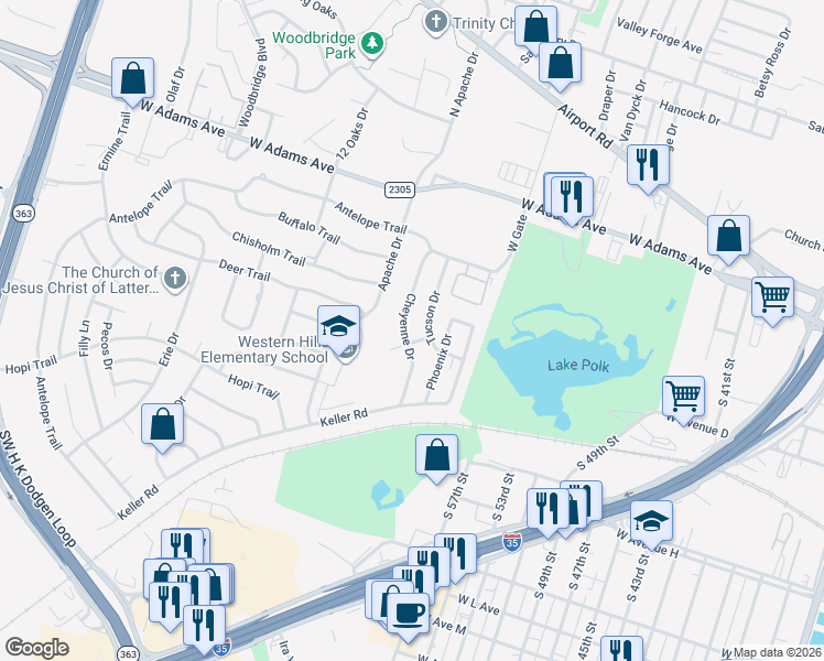map of restaurants, bars, coffee shops, grocery stores, and more near 405 Cheyenne Drive in Temple